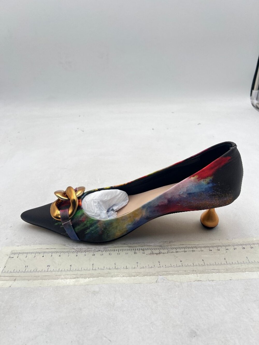 XYD Flame Fog Metal Heel Chains Pointy Toe Pumps Low Heel Pointed Toe Lady Shoes